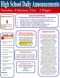 Tuesday's Announcements